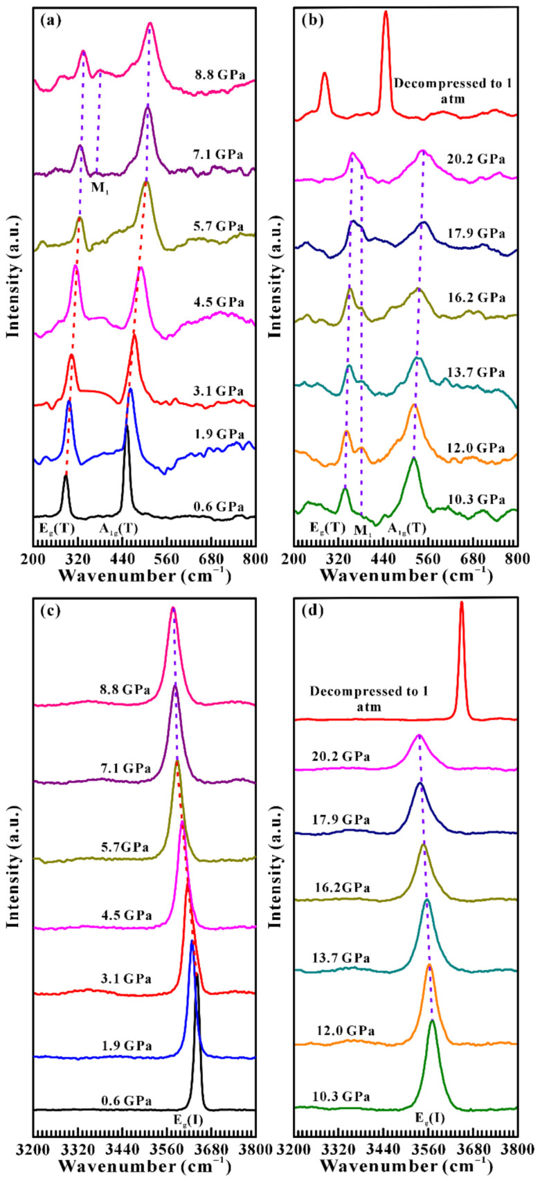 Hydrostatic Pressure result: The plot shows representative Raman spectra of brucite in the pressure range of 0.6–20.2 GPa and the Raman spectrum