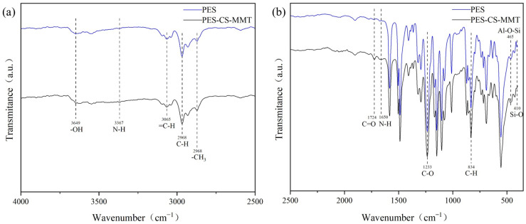 MMT result: The plot shows fTIR spectra of pristine PES membrane and PES-CS-MMT composite membrane