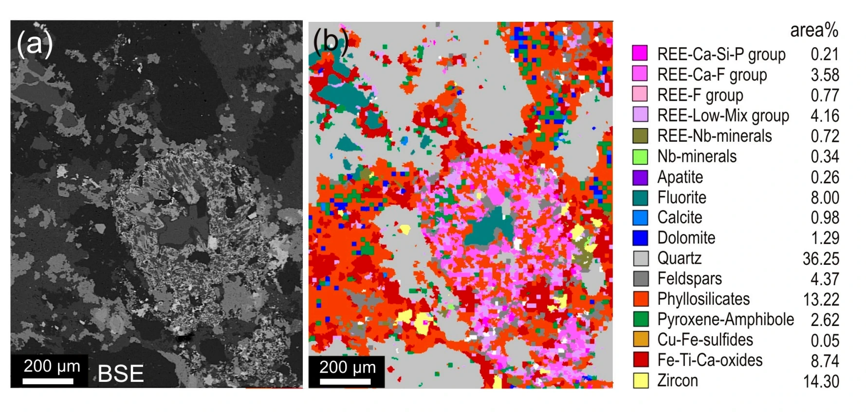MLA result: Backscattered electron image and colour-coded automated SEM-MLA mineral classification map of a polished thin section