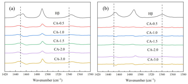 Py-IR result: The plot shows py-IR spectra of catalysts treated with different concentrations of citric acid at 200 °C and 450 °C
