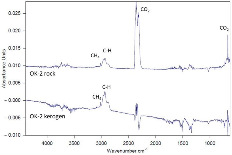 Rock-Eval Pyrolysis result: Comparison of spectra obtained at 450 °C for bulk rock samples and separated kerogen from the OK-2 sample