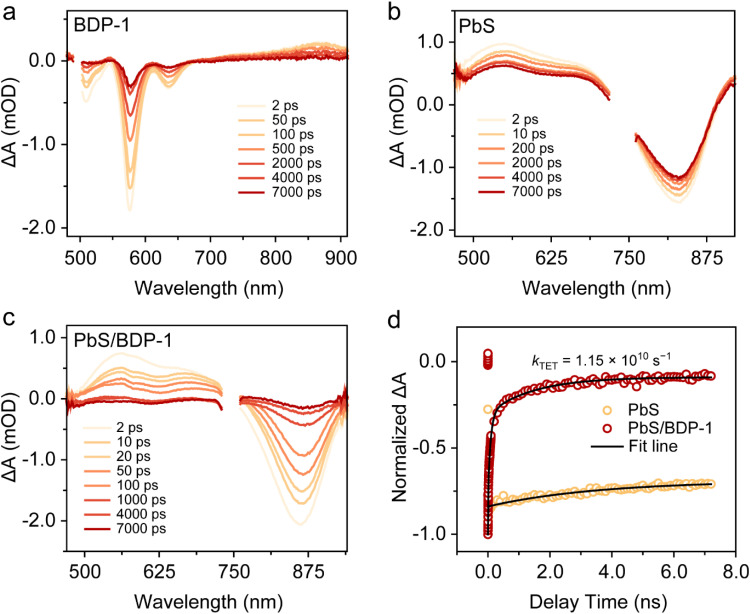TAS result: The plot shows ultrafast spectroscopic analysis of exciton transfer between PbS QDs and surface ligand BDP-1