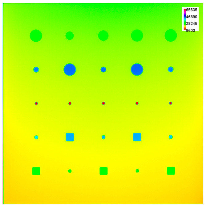 RT result: The plot shows color-spectrum conversion of the gray-value X-ray image, showing inhomogeneous intensity distribution across the 300 mm ×