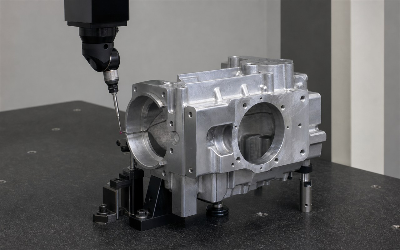Coordinate measuring machine inspecting a precision-machined aluminium housing in a metrology laboratory