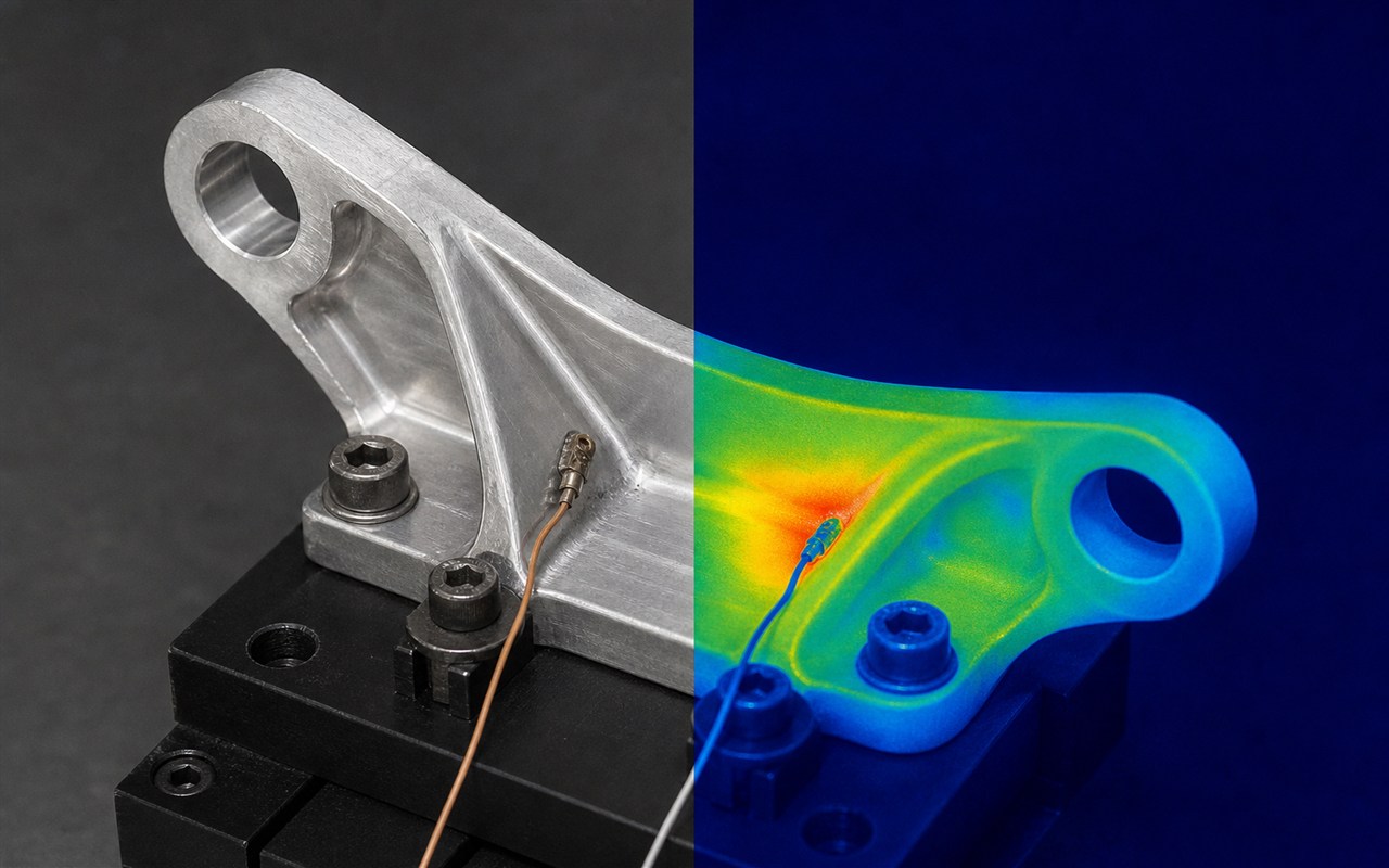 A machined aluminium bracket shown in visible light beside a corresponding thermal analysis view