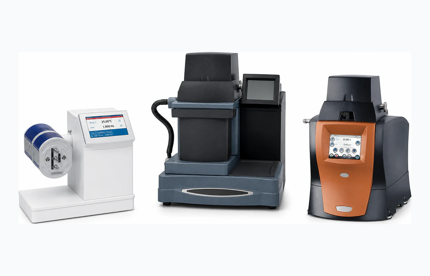 Three dynamic mechanical analyser models displayed side by side